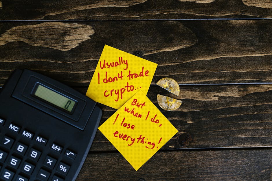 A satirical still life image depicting crypto investment risks with sticky notes, calculator, and broken coin.